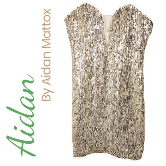 NWOT Aidan Mattox Gold Sequin Strapless Mini Dress Bustier Party Cocktail, 10 - Picture 2 of 14